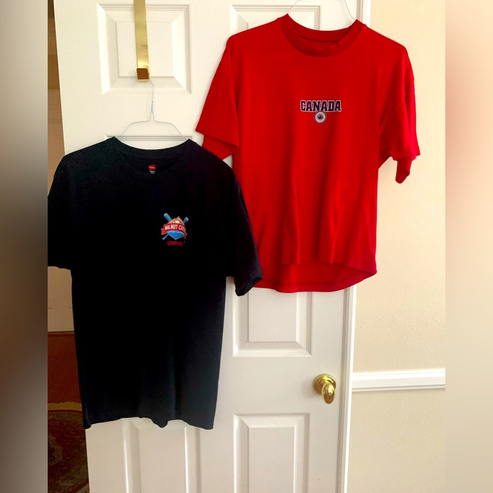 2 T-Shirts: Red Canada Large & Walnut Creek Umpire M, Crewnecks, Short Sleeves